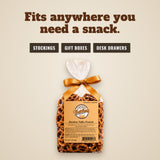 3 oz bag of bourbon toffee pretzels for stockings, gift boxes and desk drawers