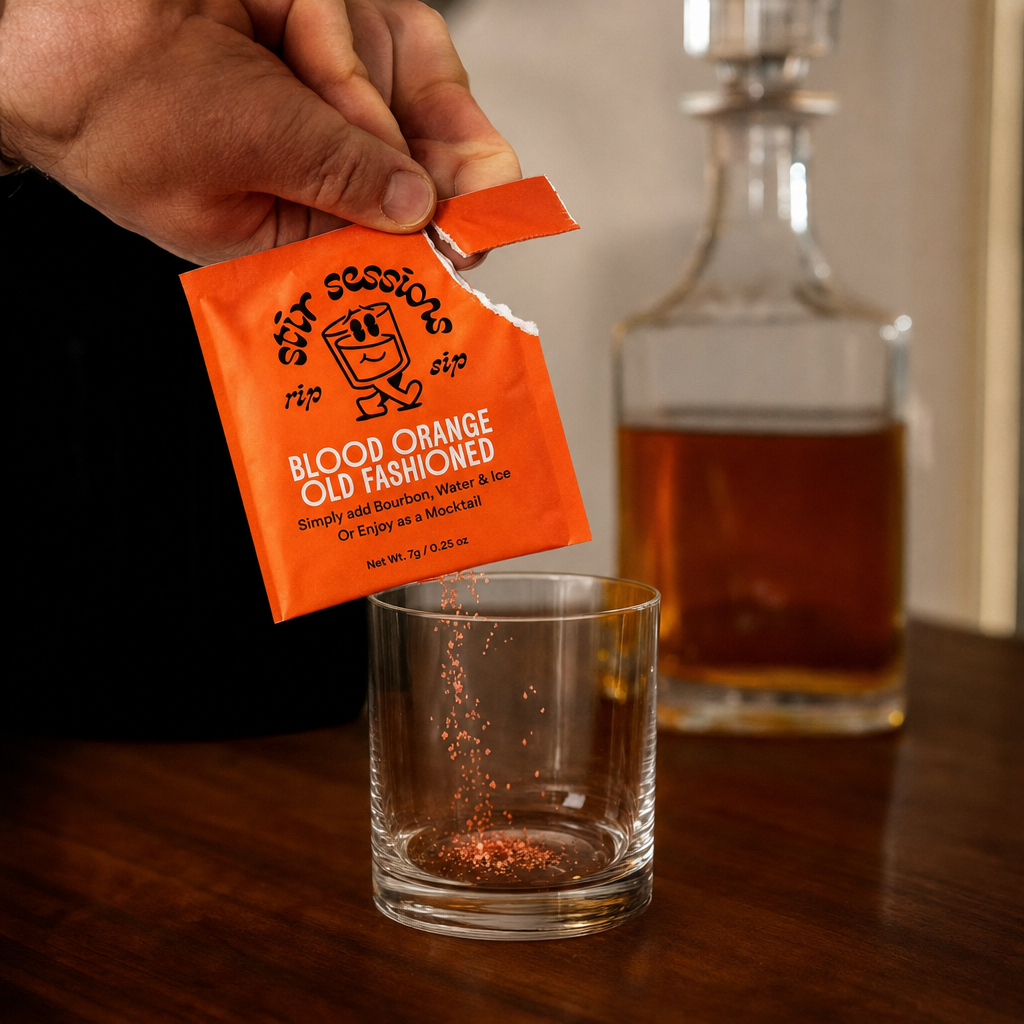 Pouring blood orange old fashioned mix into a rocks glass
