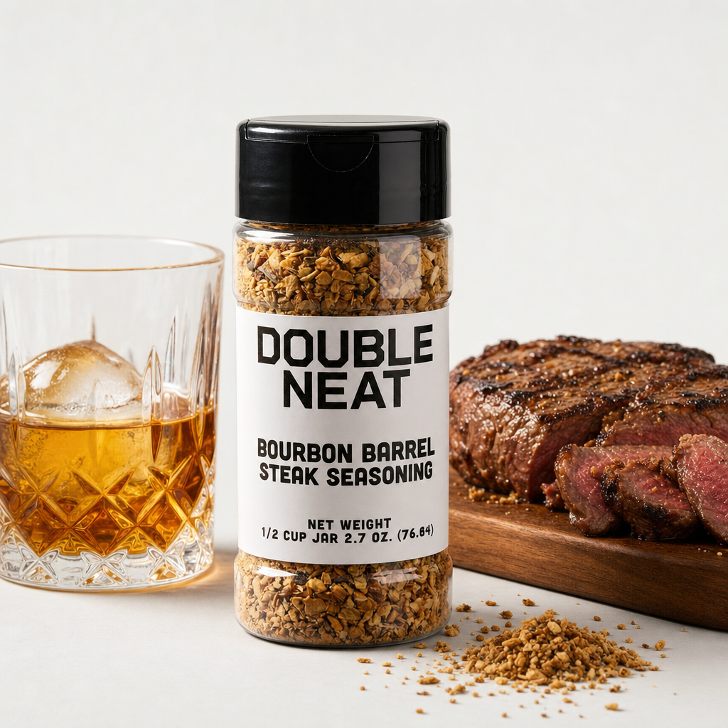 Bourbon Barrel Steak Seasoning with seared steak and neat bourbon