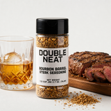Bourbon Barrel Steak Seasoning with seared steak and neat bourbon