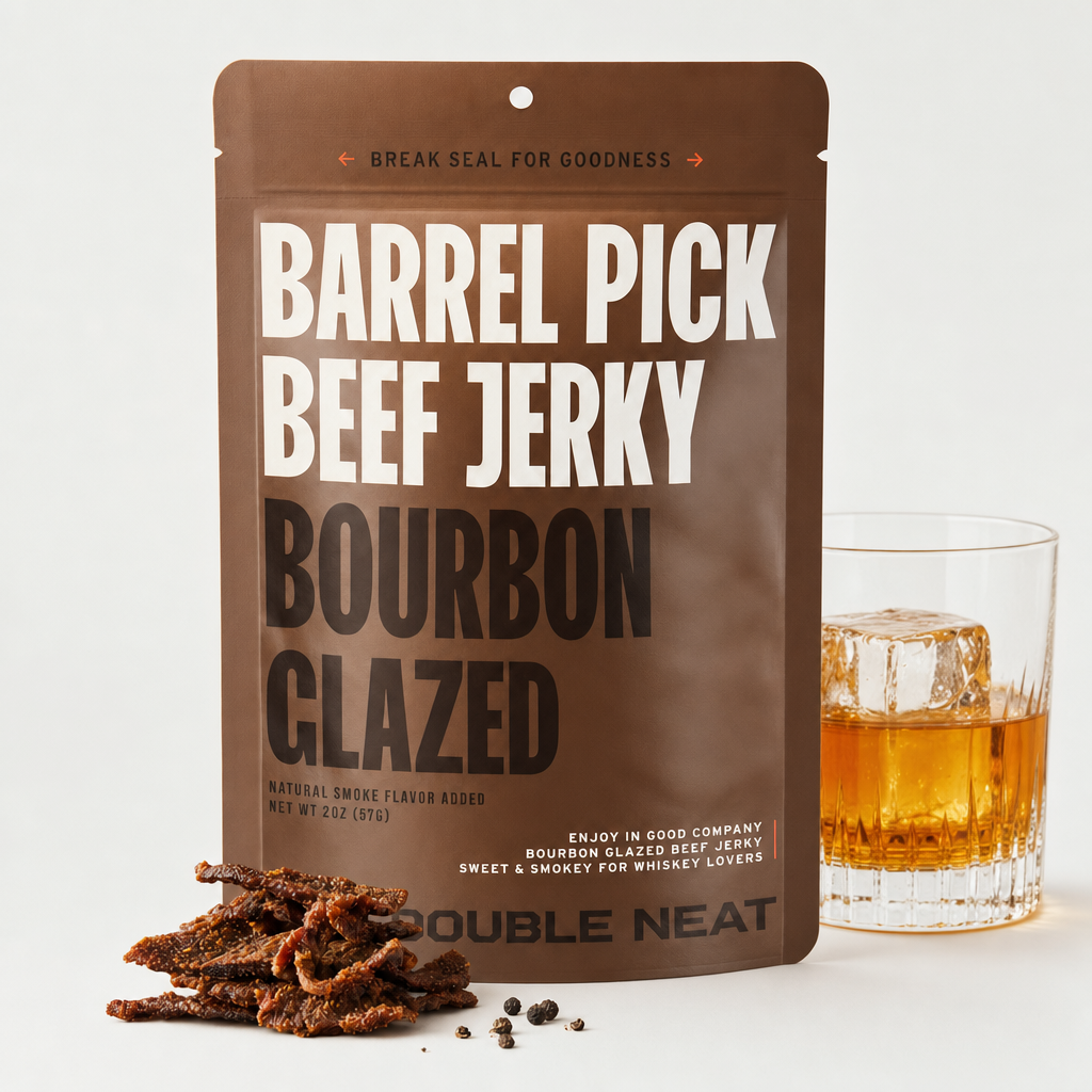 Bourbon Glazed Beef Jerky with neat bourbon and jerky pieces