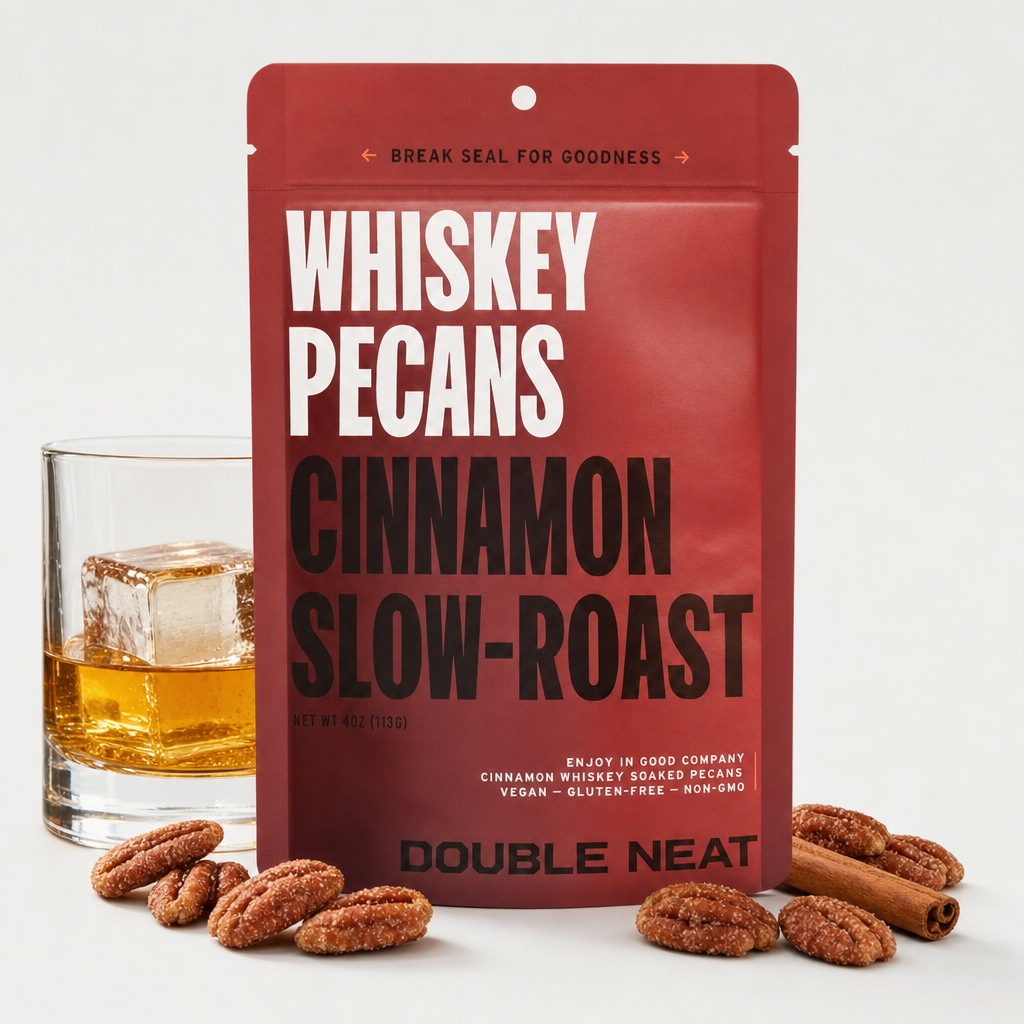 Cinnamon Whiskey Pecans with neat bourbon and pecans