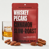 Cinnamon Whiskey Pecans with neat bourbon and pecans