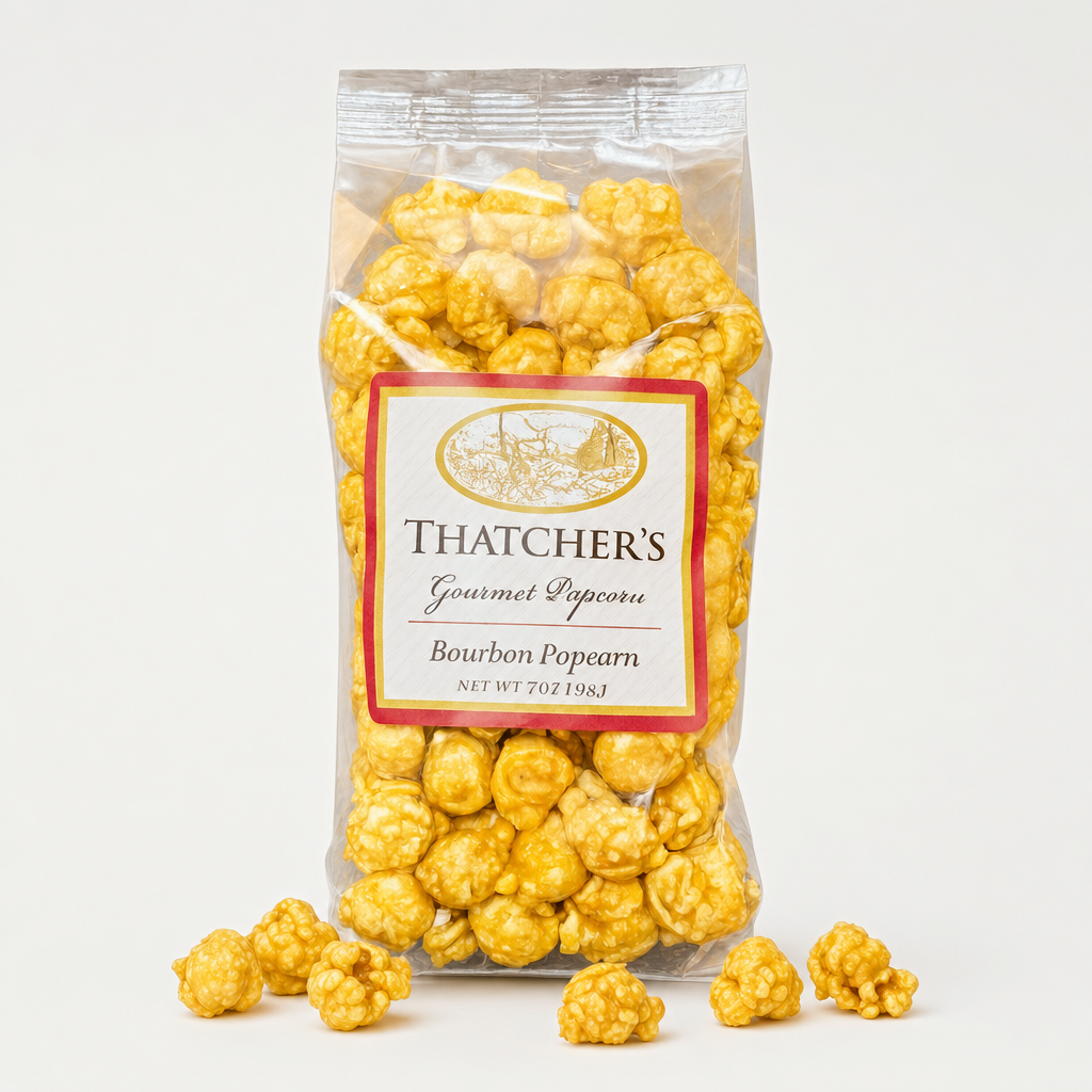 Butter Bourbon Caramel Popcorn on neutral studio background