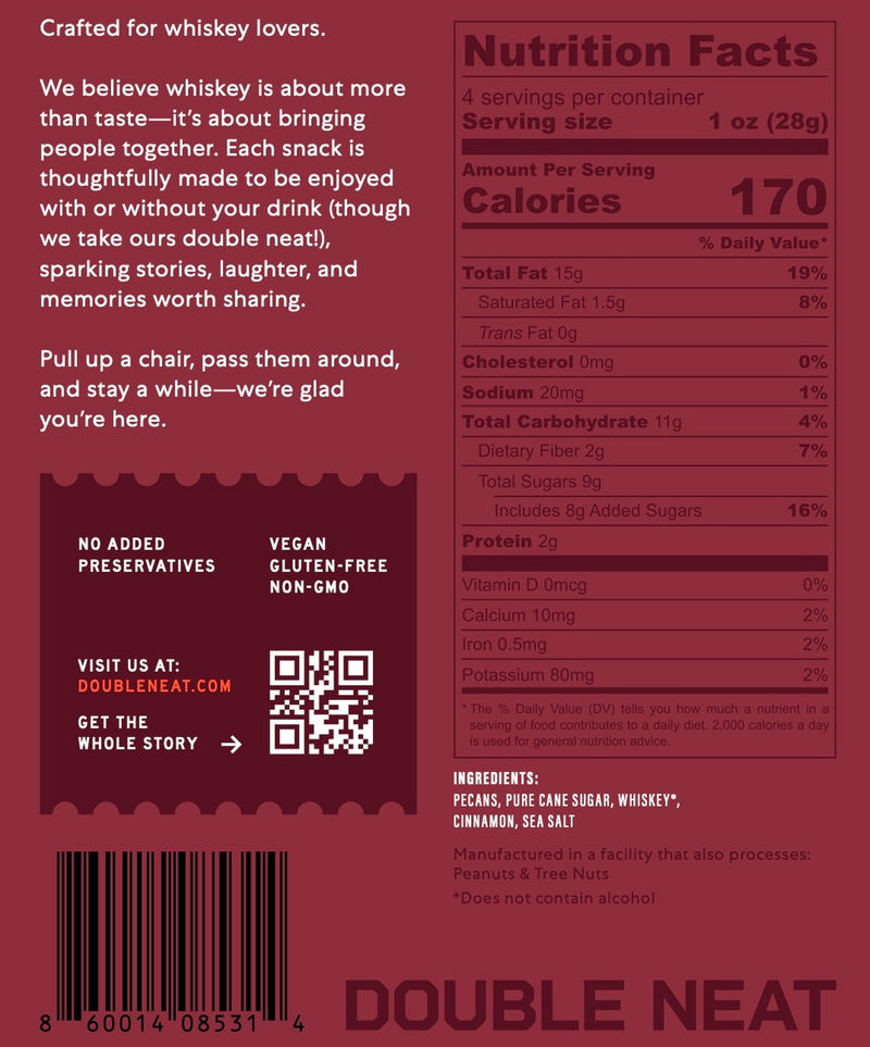 Nutrition label for Double Neat Whiskey Pecans