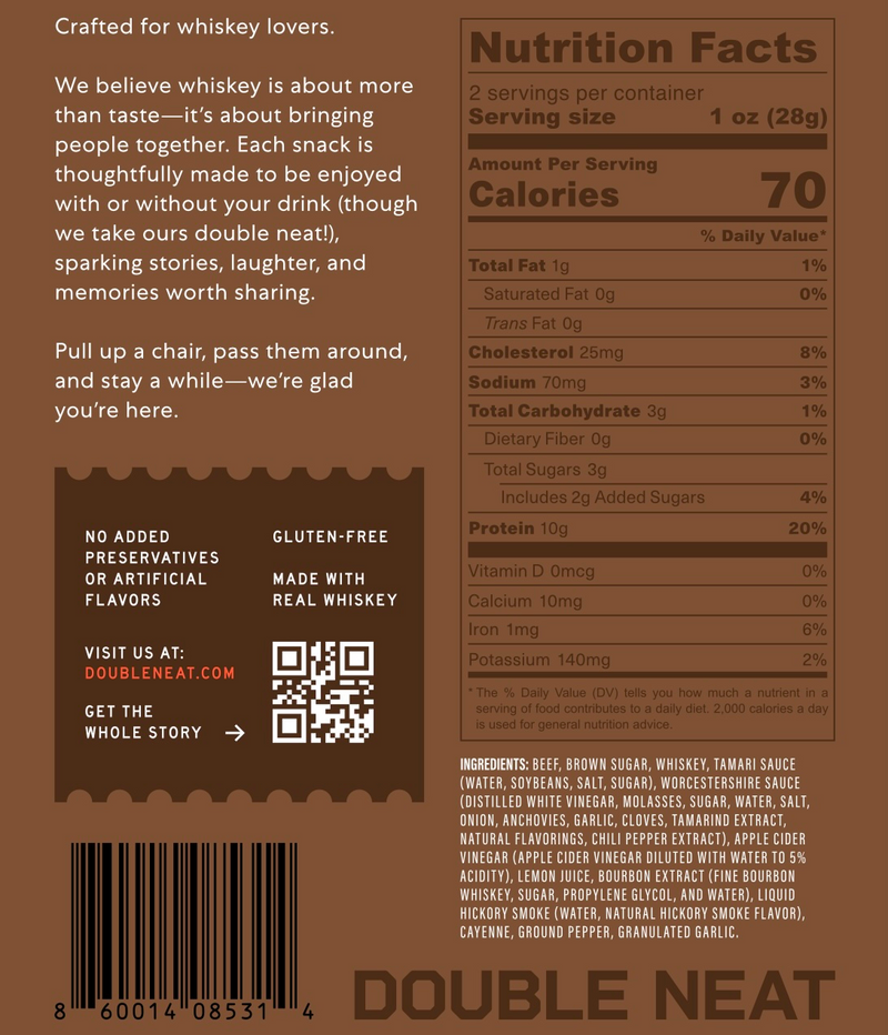 Nutrition label for Double Neat Bourbon Beef Jerky