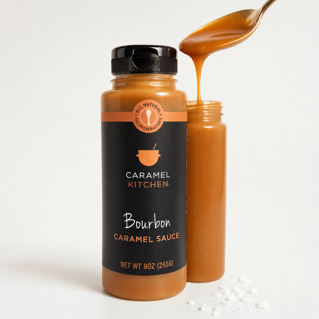 Bourbon Caramel Sauce with dripping spoon and sea salt
