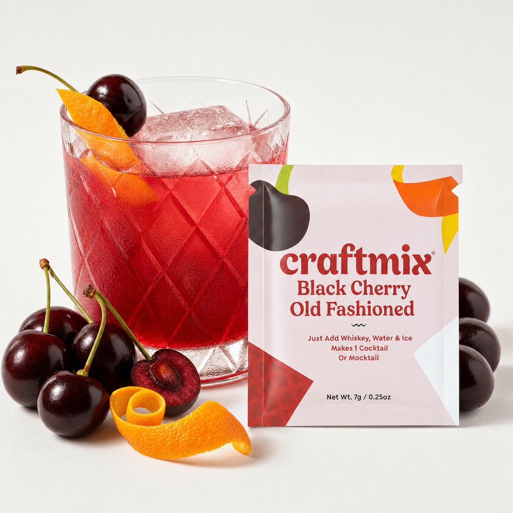 Black Cherry Old Fashioned mix with cocktail, fresh cherries, and orange peel