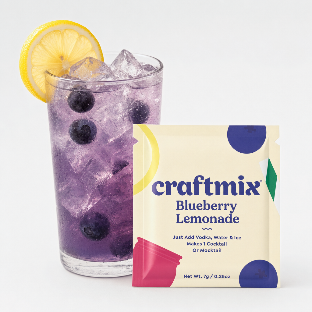 Bourbon Blueberry Lemonade mix with prepared drink on neutral studio background