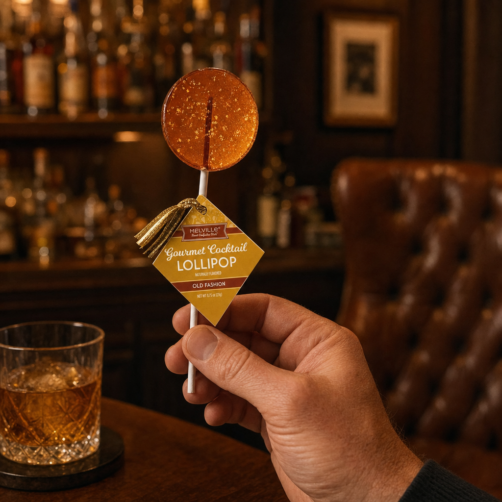 Hand holding an Old Fashioned bourbon lollipop with hang tag