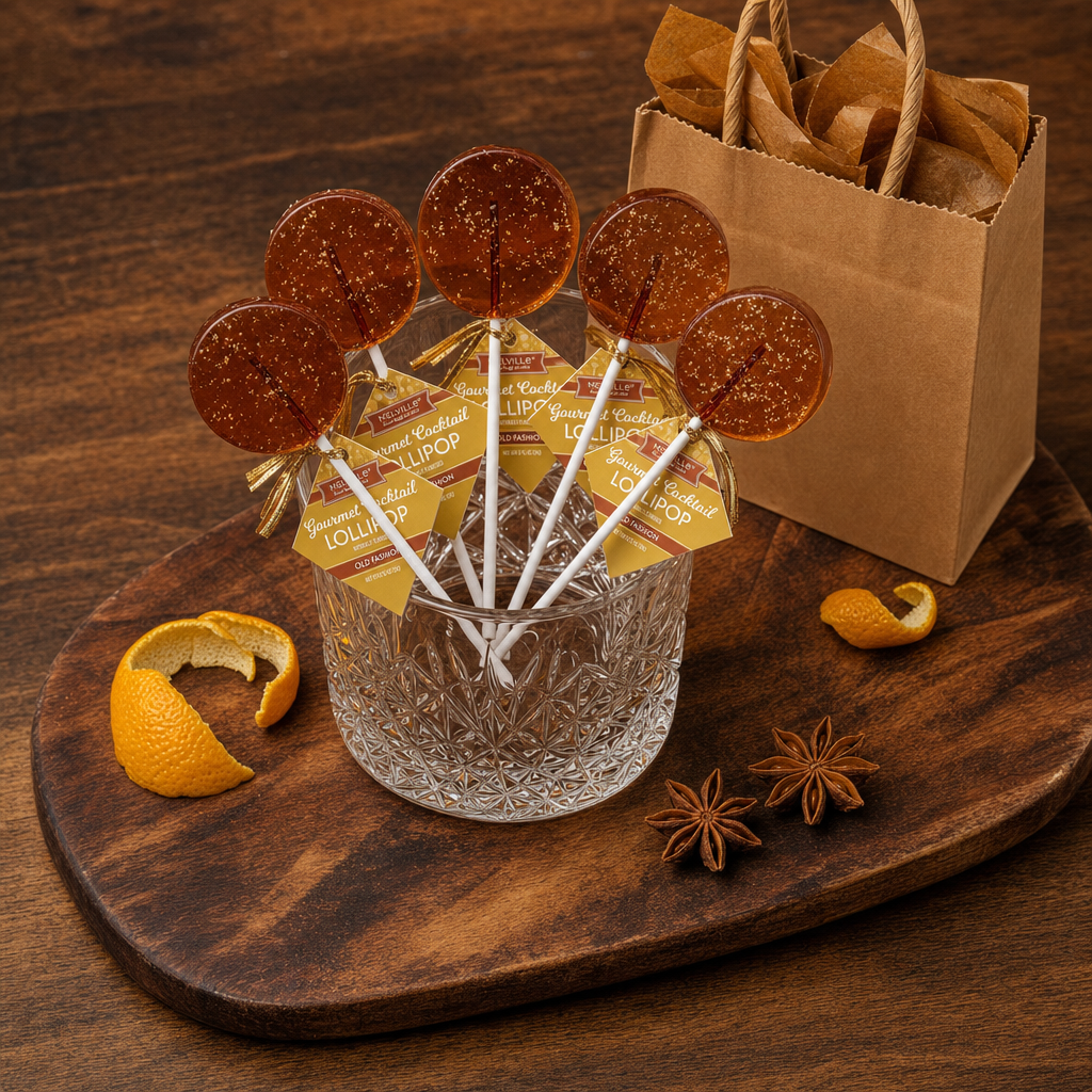 Bourbon lollipops fanned in a whiskey glass, gift-ready