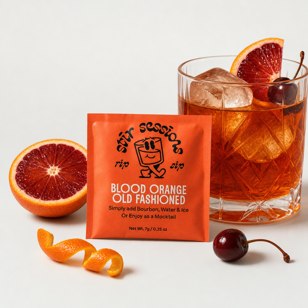 Blood Orange Old Fashioned mix with cocktail, fresh blood orange, and garnishes
