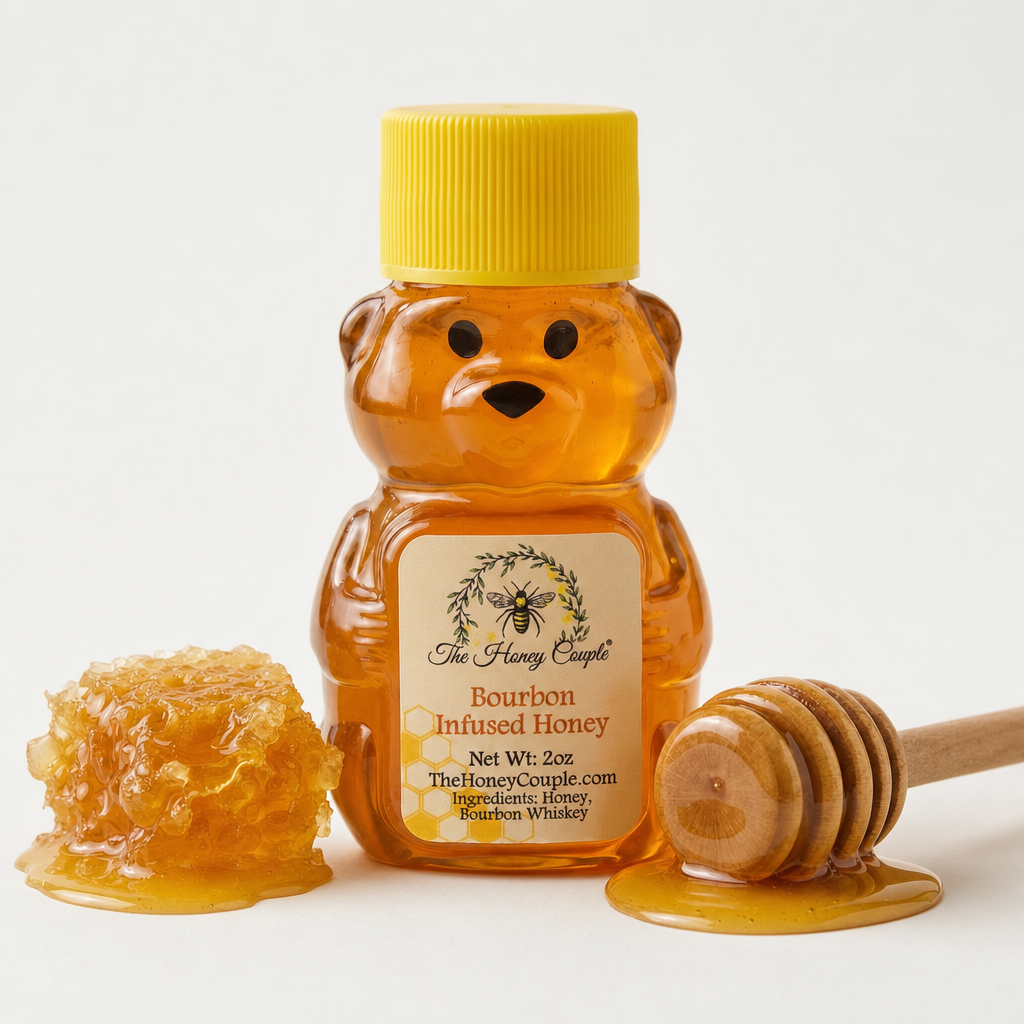 Bourbon Infused Honey with dripping honey dipper and honeycomb