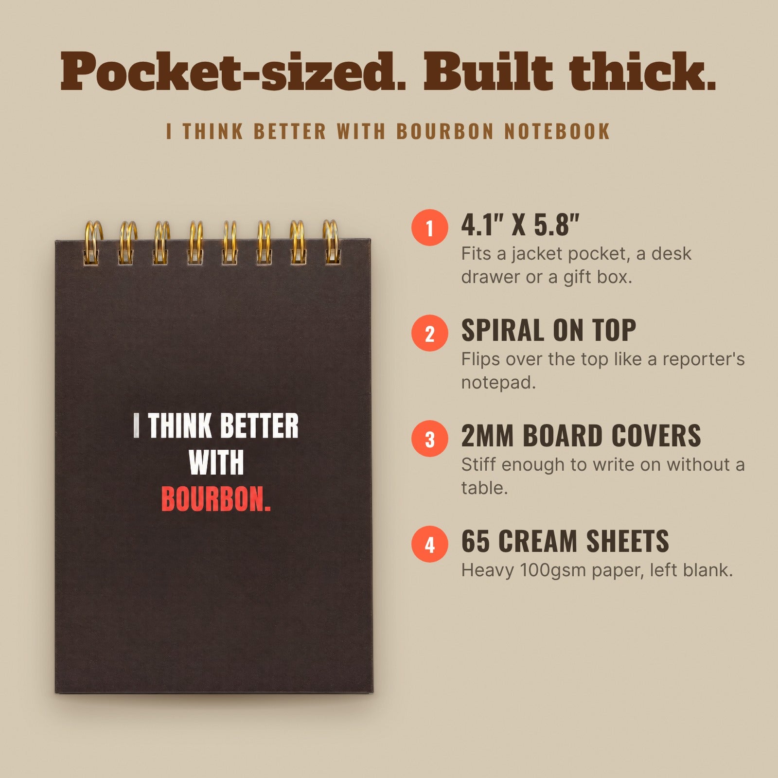 Notebook details: 4.1 x 5.8 inches, spiral on top, 2mm board covers, 65 cream sheets