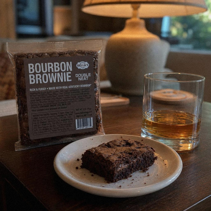 Brownie with a neat pour of bourbon