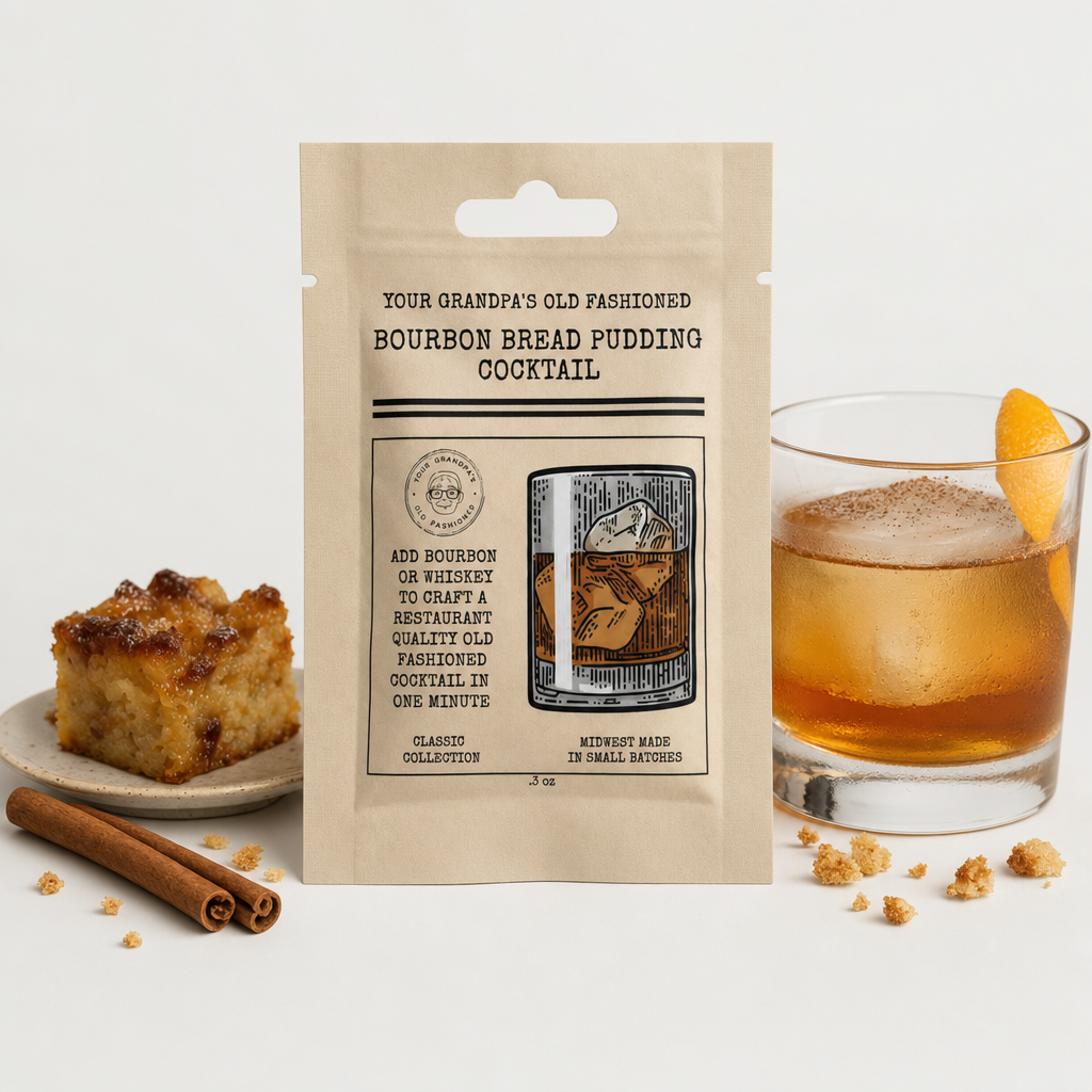 Bourbon Bread Pudding mix with cocktail, bread pudding bite, and cinnamon