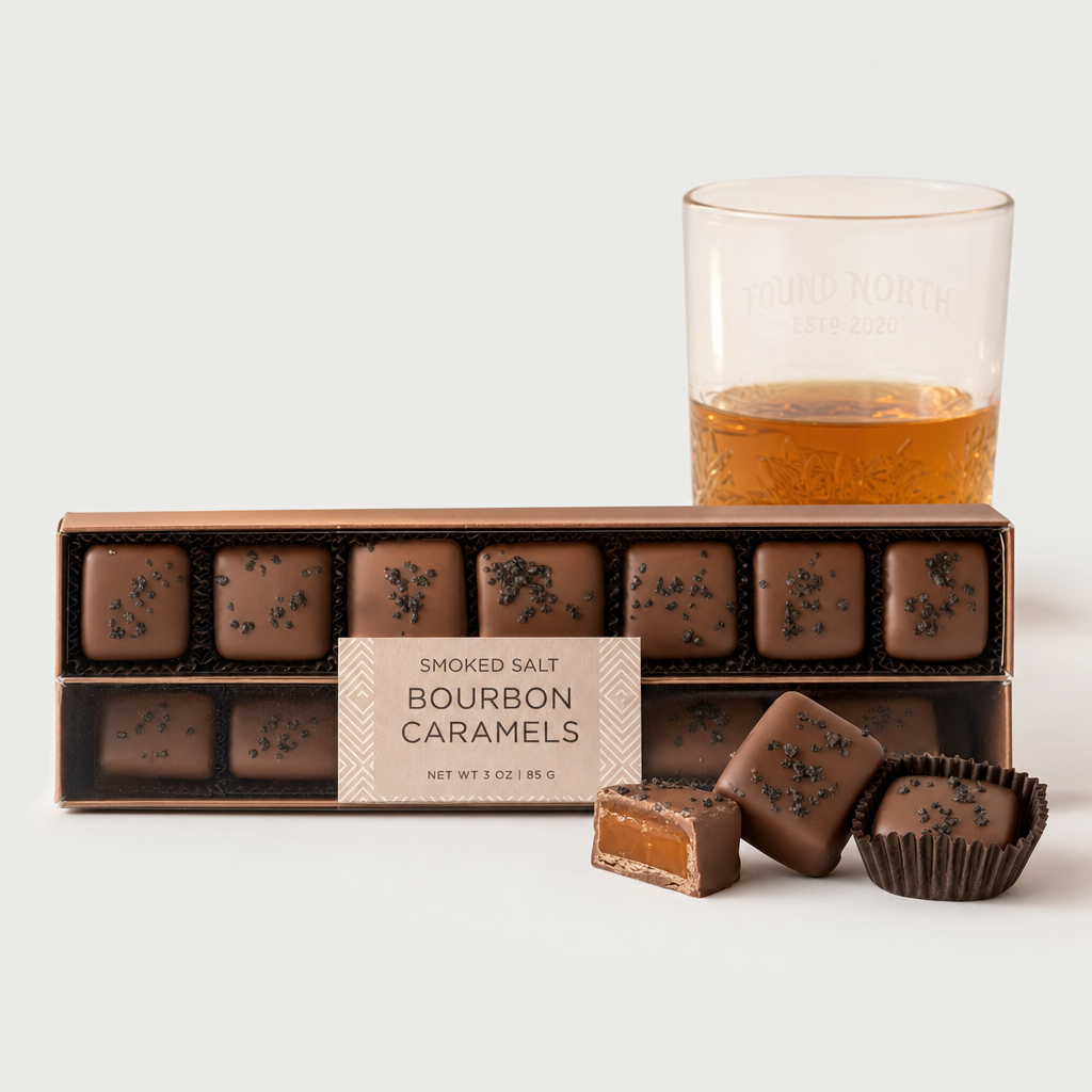 Smoked Salt Bourbon Caramels with cut caramel and neat bourbon