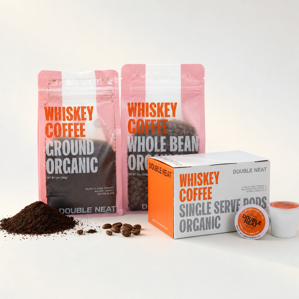 Double Neat Whiskey Coffee — ground, whole bean, and single-serve pods on a neutral studio background