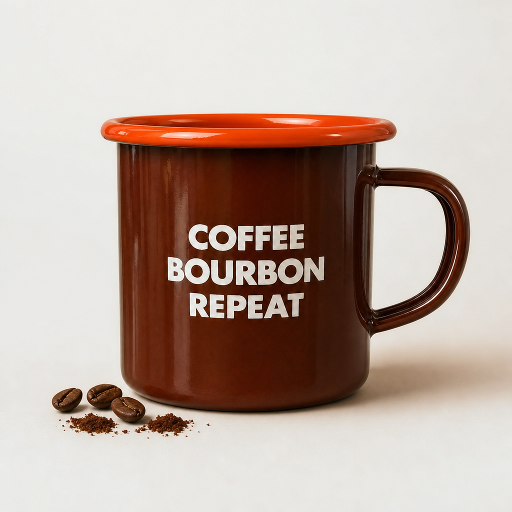 "Coffee Bourbon Repeat" Enamel Coffee Mug