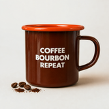 "Coffee Bourbon Repeat" Enamel Coffee Mug