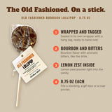 The Old Fashioned lollipop as it ships: individually wrapped with a Double Neat hang tag, 0.75 oz