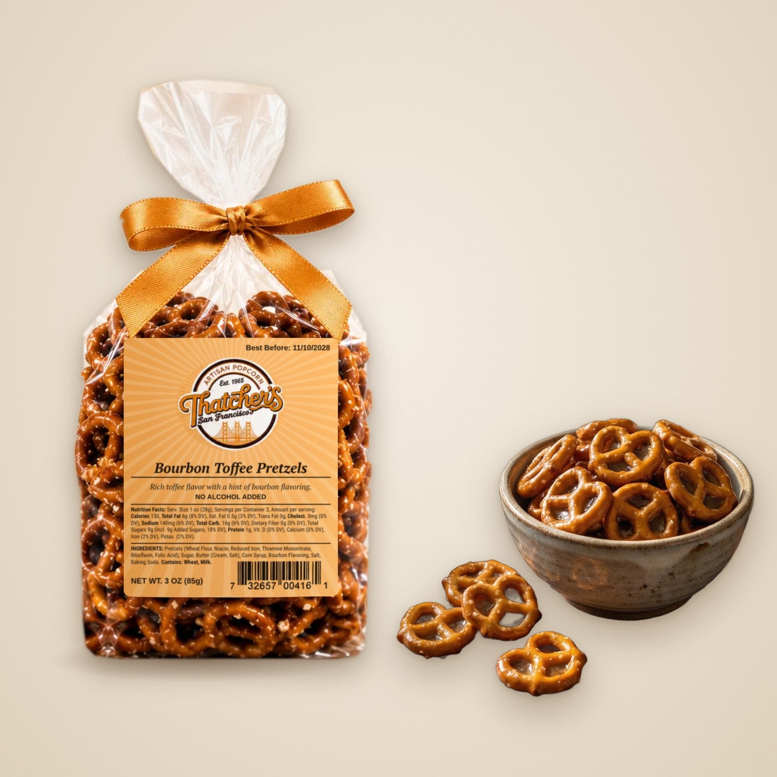 3 oz bag of Thatcher's Bourbon Toffee Pretzels next to a bowl of pretzels
