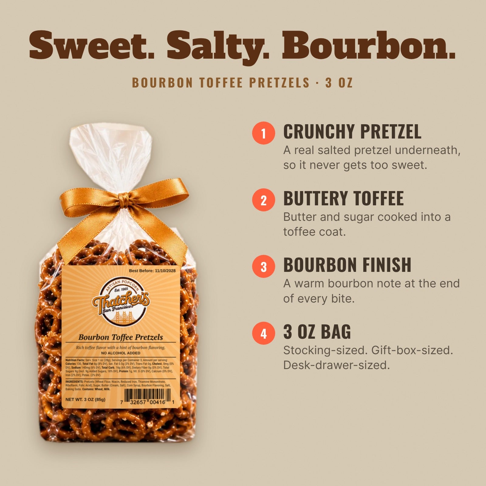Bourbon toffee pretzels 3 oz bag: crunchy pretzel, buttery toffee, bourbon finish