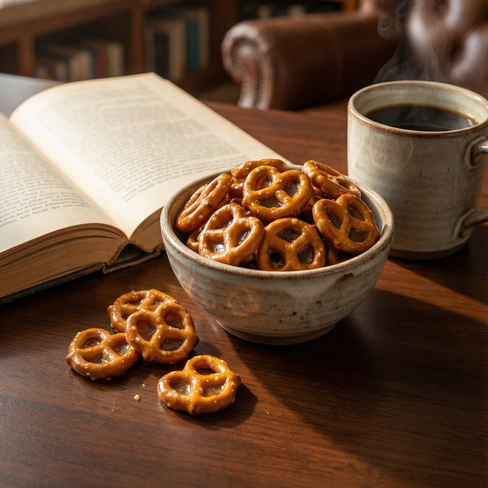 Bourbon toffee pretzels in a bowl next to coffee and a book