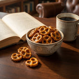 Bourbon toffee pretzels in a bowl next to coffee and a book