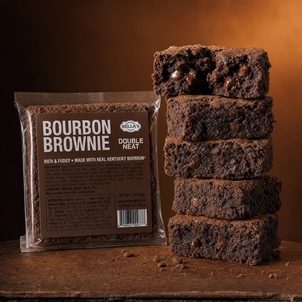 Stack of Top Shelf Bourbon Brownies with labeled packet