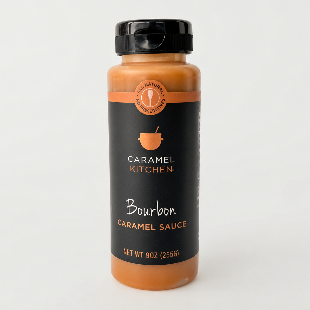 Bourbon Caramel Sauce on neutral studio background